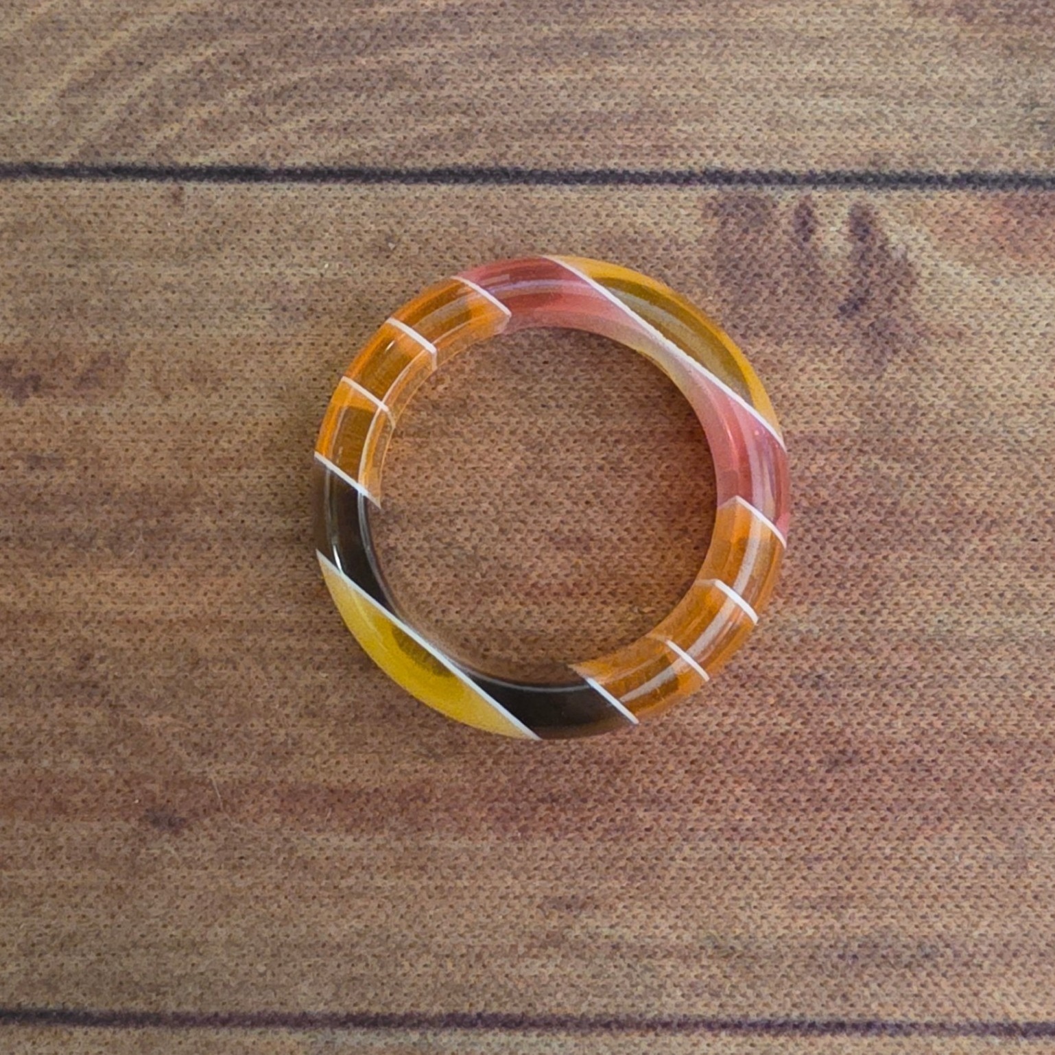 Multi Color Striped Resin Chunky Statement Band Ring Size 6.5 Amber Yellow Brown